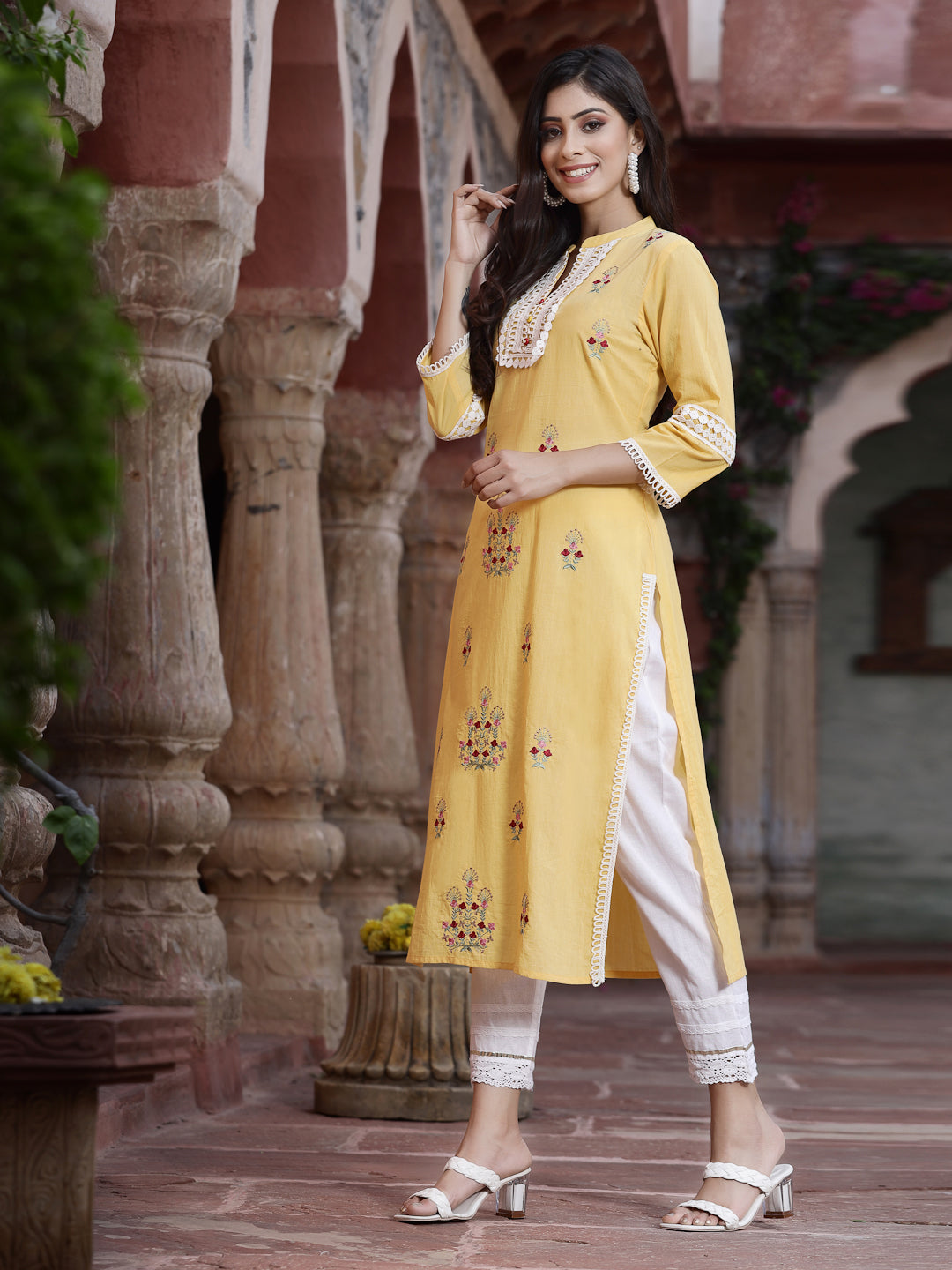 Yellow Cambric Embroidered Straight Kurta