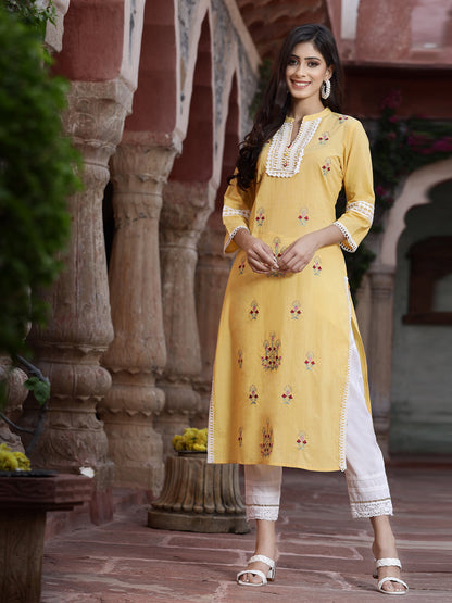 Yellow Cambric Embroidered Straight Kurta