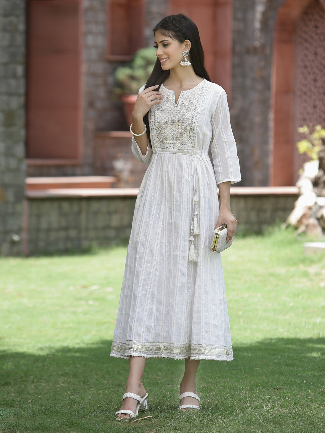 White Cotton Lurex Festive Embroidered Flared Long Dress