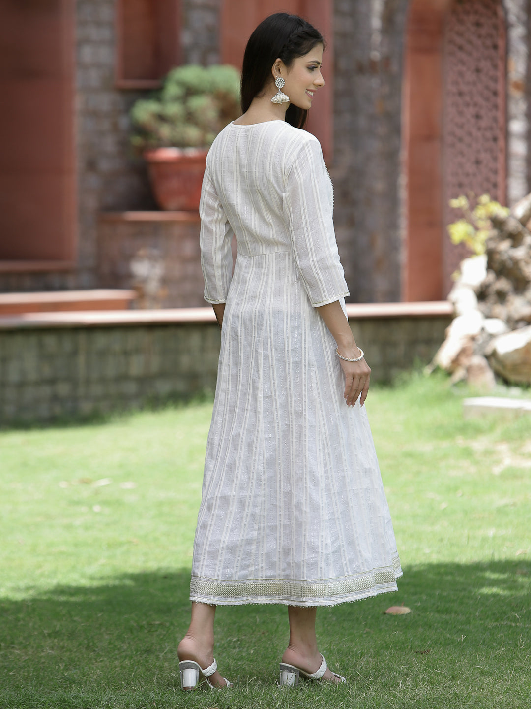 White Cotton Lurex Festive Embroidered Flared Long Dress