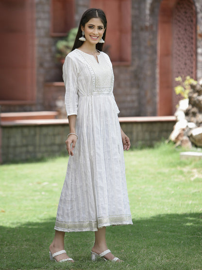 White Cotton Lurex Festive Embroidered Flared Long Dress