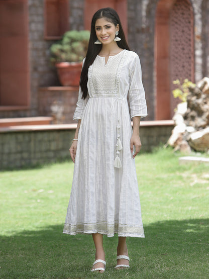 White Cotton Lurex Festive Embroidered Flared Long Dress