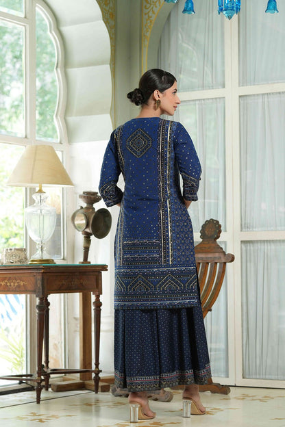 Indigo Chanderi Festive Printed Flared Kurta