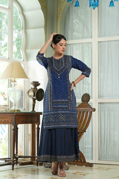 Indigo Chanderi Festive Printed Flared Kurta