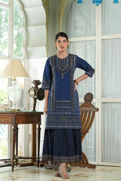 Indigo Chanderi Festive Printed Flared Kurta