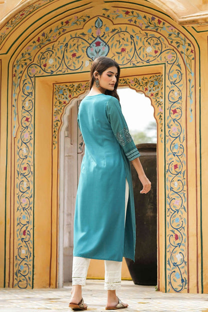 Teal Rayon Festive Printed Straight Kurta