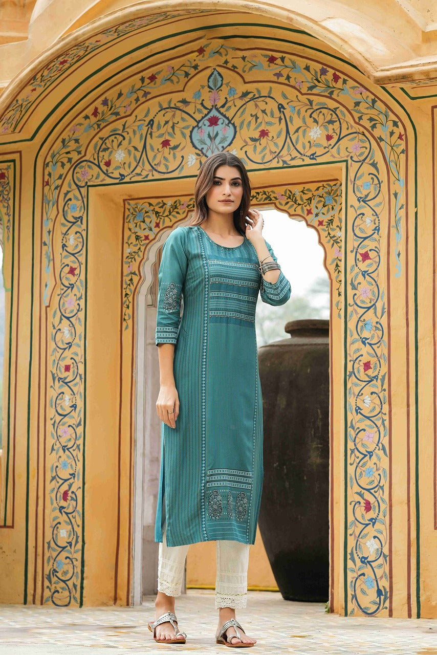 Teal Rayon Festive Printed Straight Kurta