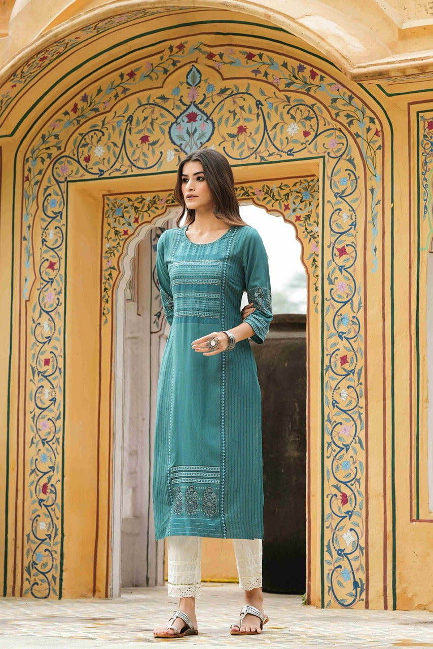 Teal Rayon Festive Printed Straight Kurta