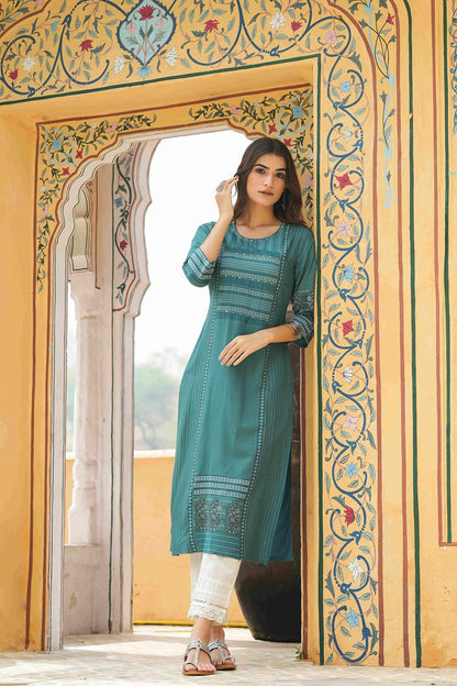 Teal Rayon Festive Printed Straight Kurta