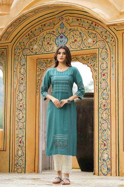 Teal Rayon Festive Printed Straight Kurta