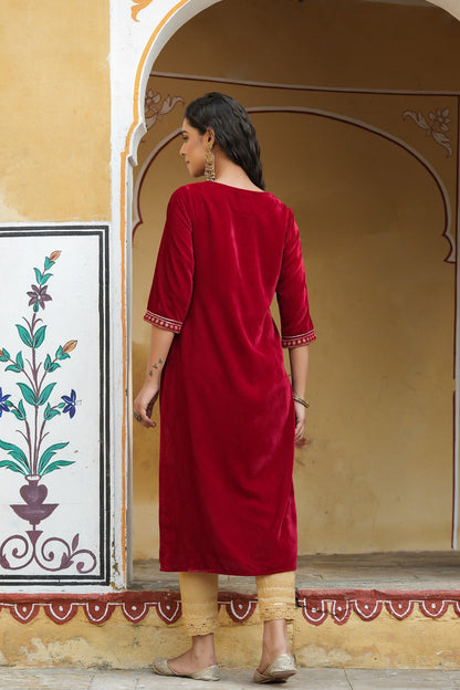 Maroon Velvet Festive Solid Embroidered Straight Kurta