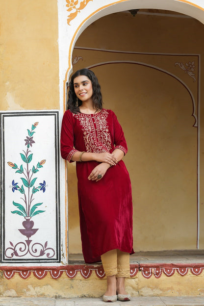 Maroon Velvet Festive Solid Embroidered Straight Kurta