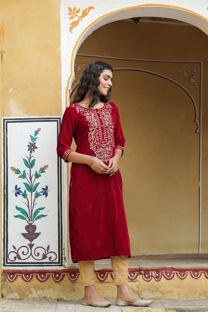 Maroon Velvet Festive Solid Embroidered Straight Kurta