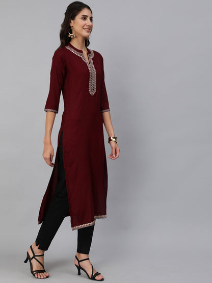 Women Burgundy Embroidered Straight Kurta With Three Quarter Sleeves