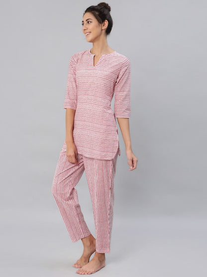 Women Pink & Off-White Striped Night Suit Set