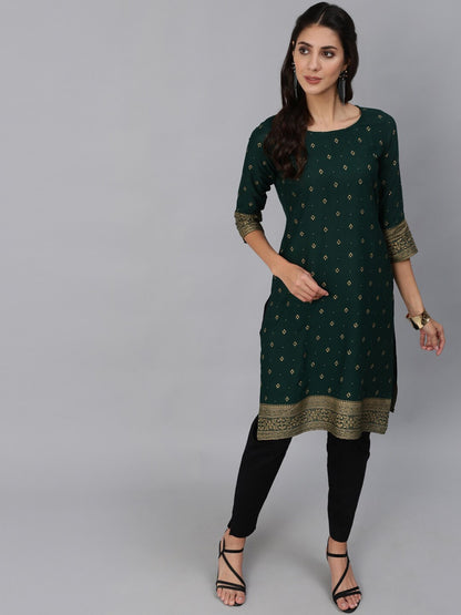 Women Green & Gold Printed Straight Kurta With Three Quarter sleeves