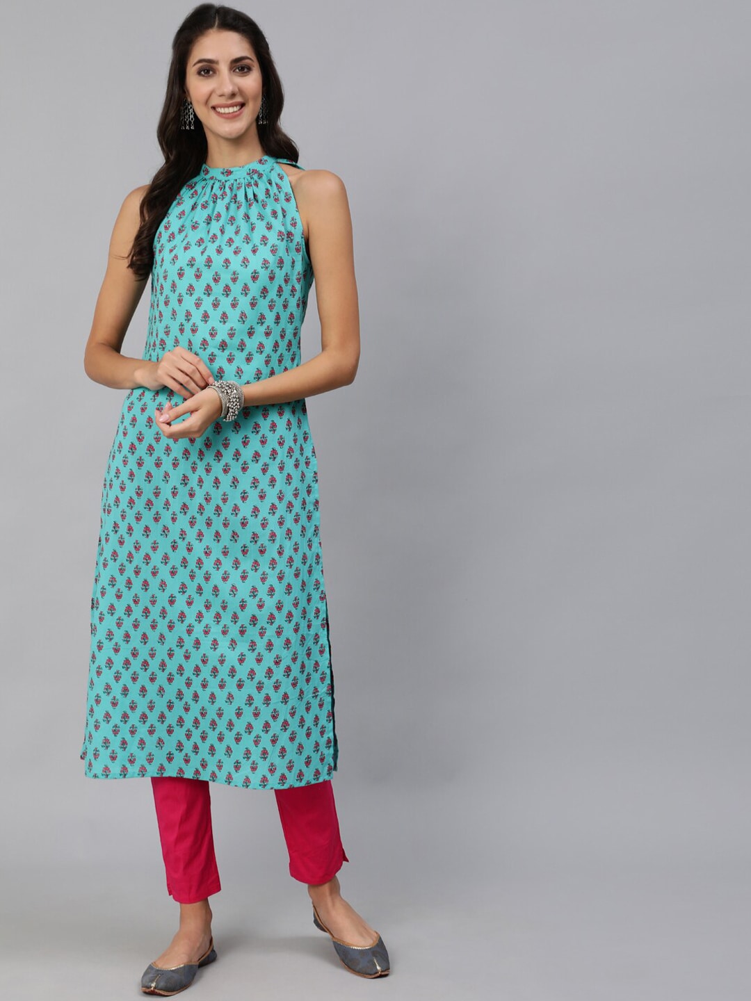 Women Green Printed Straight Sleeveless Kurta – Trendphoria