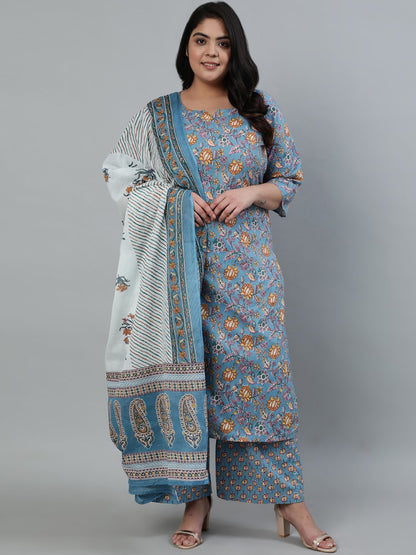 Women Blue & Yellow Floral Printed Straight kurta with Plazo & Dupatta