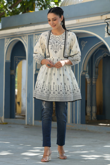 White & Black Cambric Floral Printed Tunic