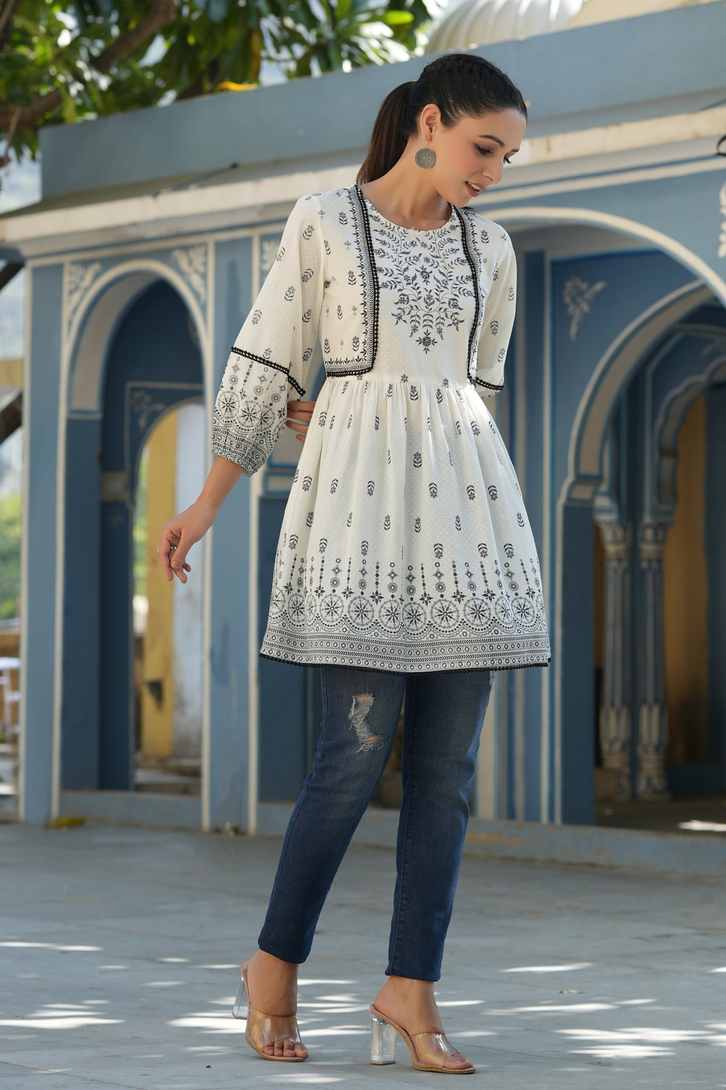 White & Black Cambric Floral Printed Tunic