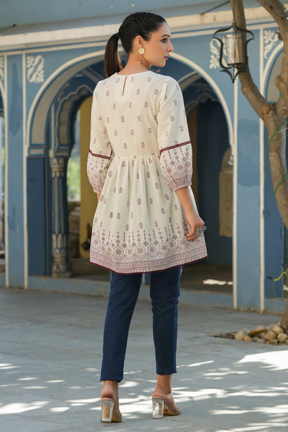 White & Maroon Cambric Floral Printed Tunic