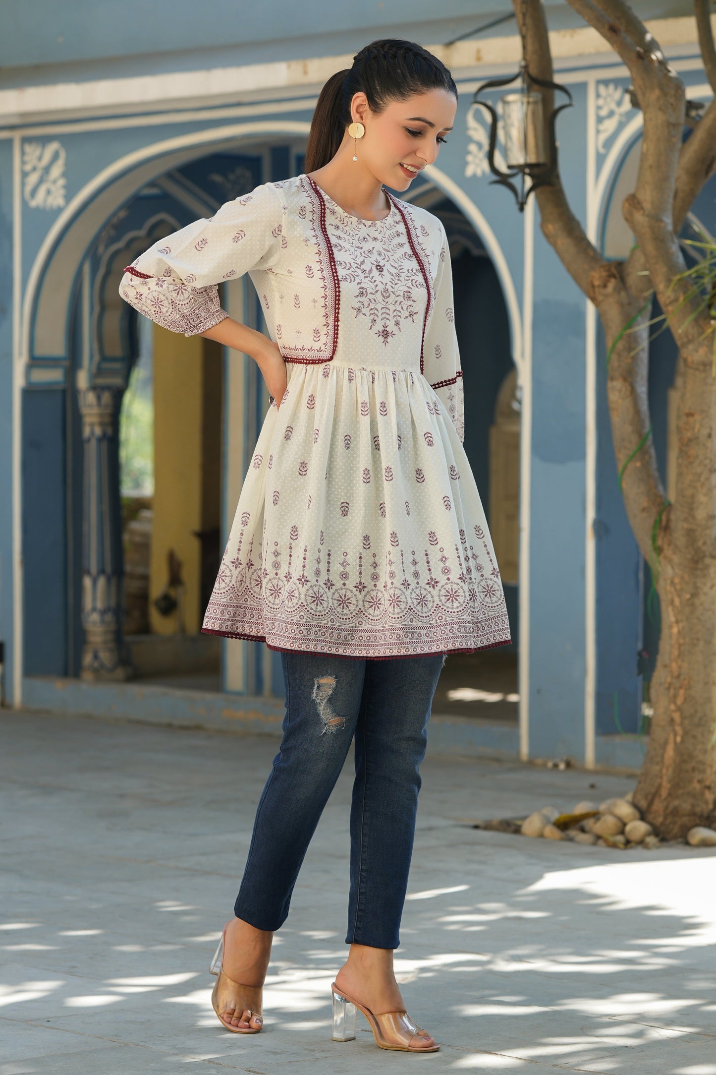 White & Maroon Cambric Floral Printed Tunic