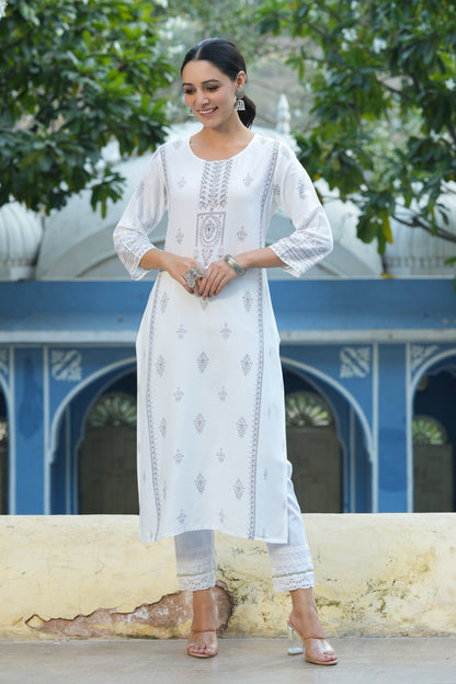 White Rayon Placement Printed Straight Kurta