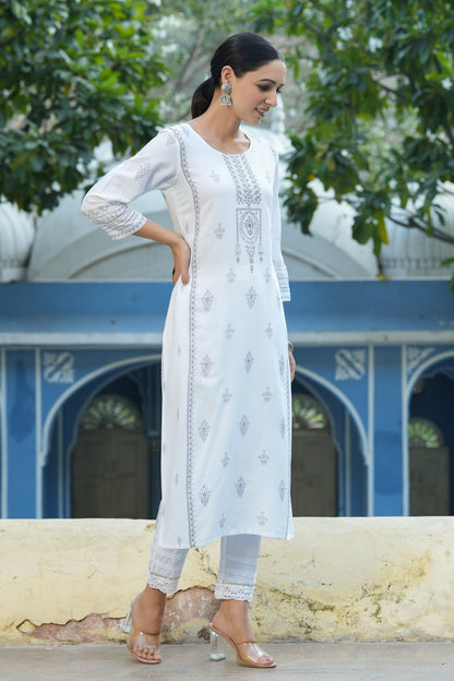 White Rayon Placement Printed Straight Kurta