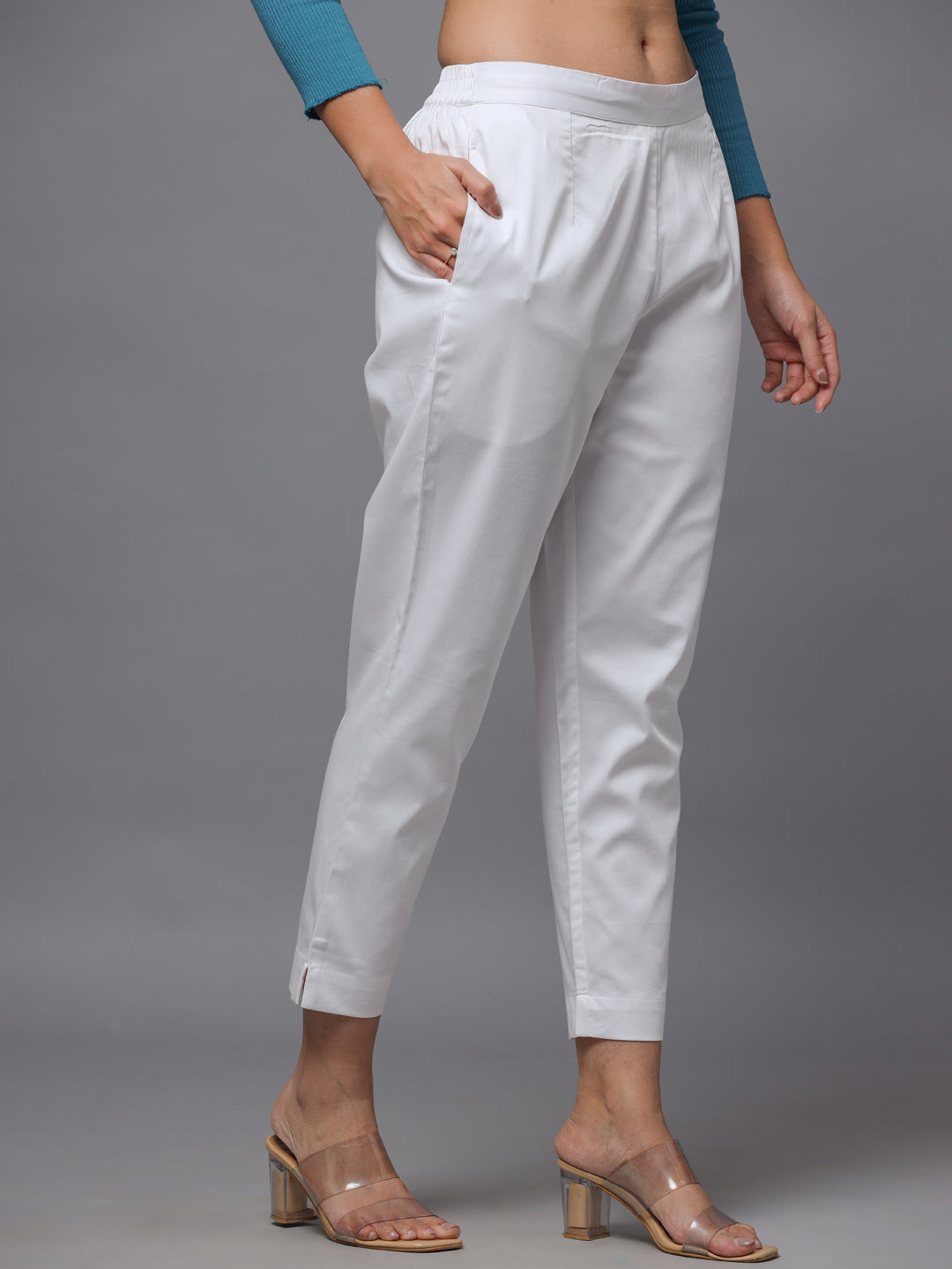 White  Solid Straight Slim Pant