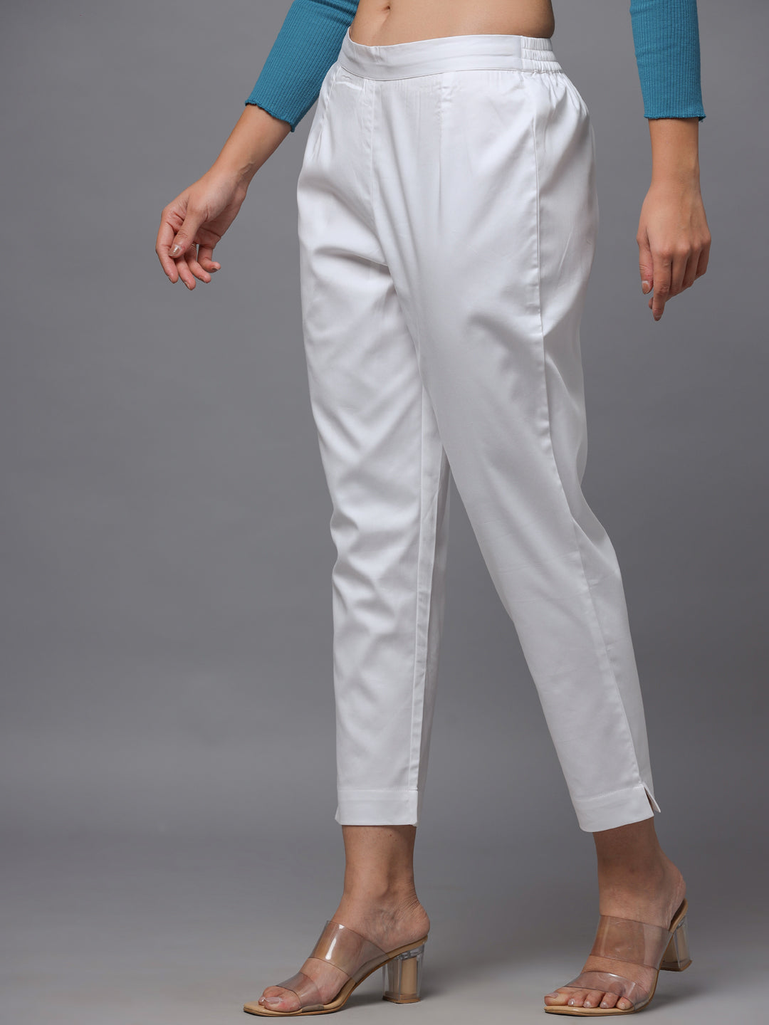 White  Solid Straight Slim Pant