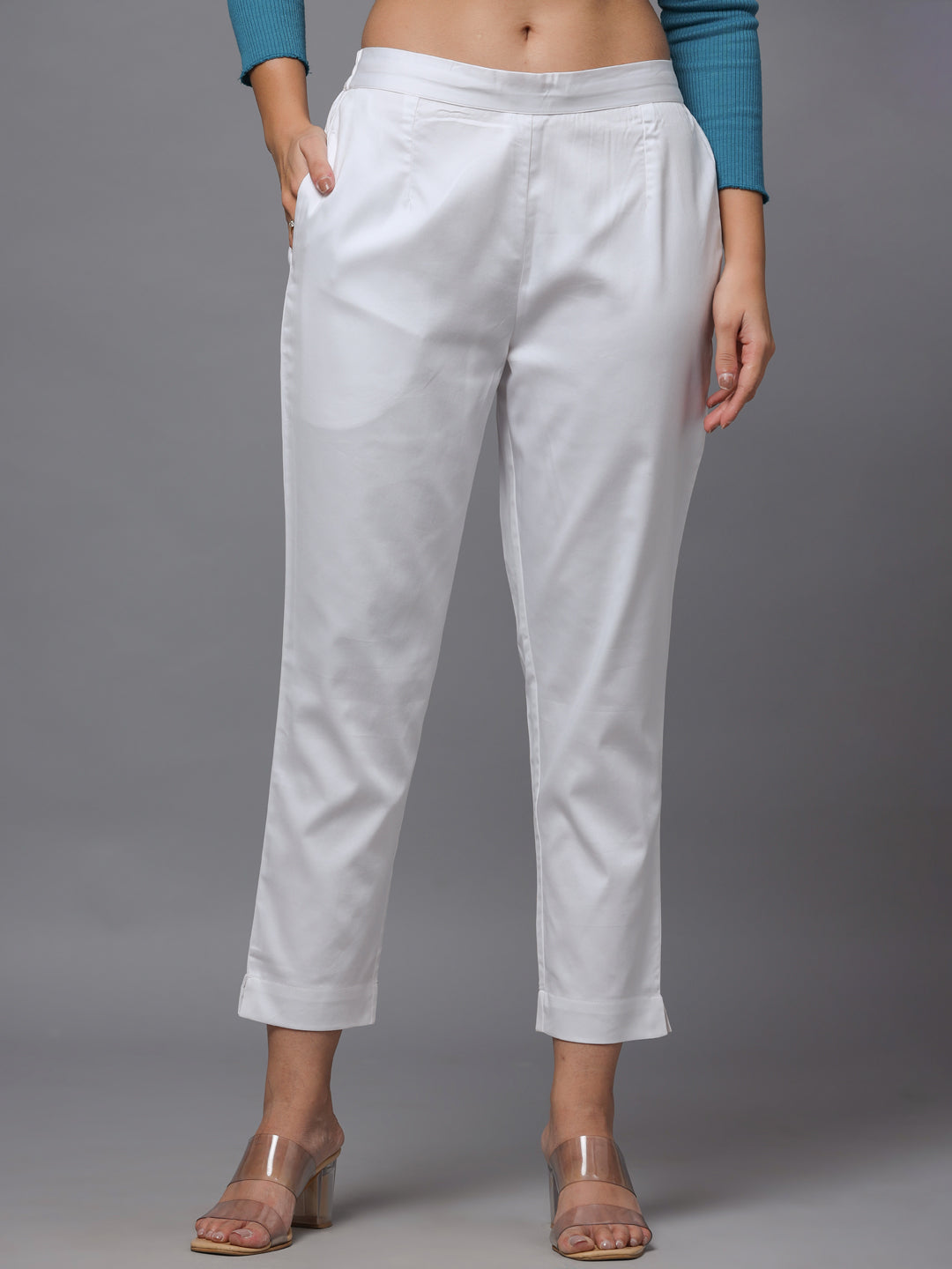 White  Solid Straight Slim Pant