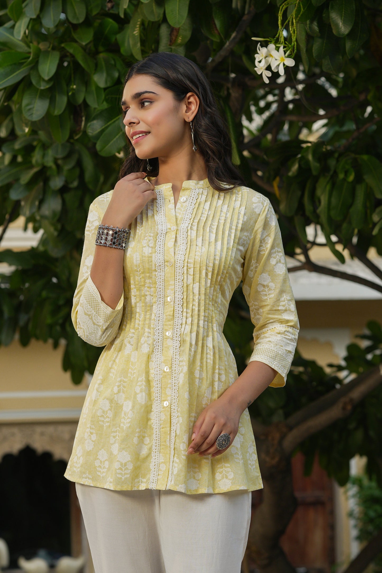 Yellow Cambric Placement Floral Printed Tunic