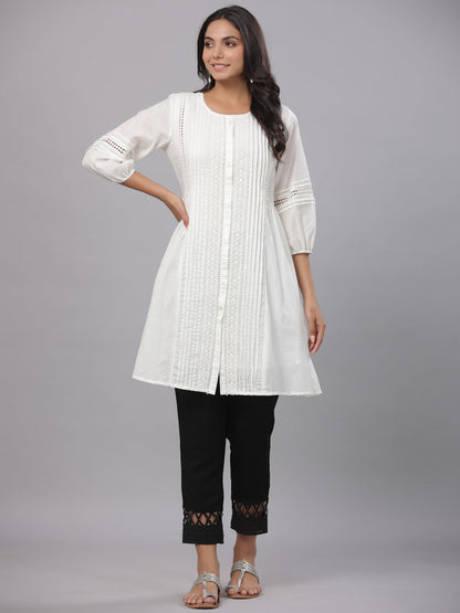 White Cotton Silk Solid A-Line Kurta