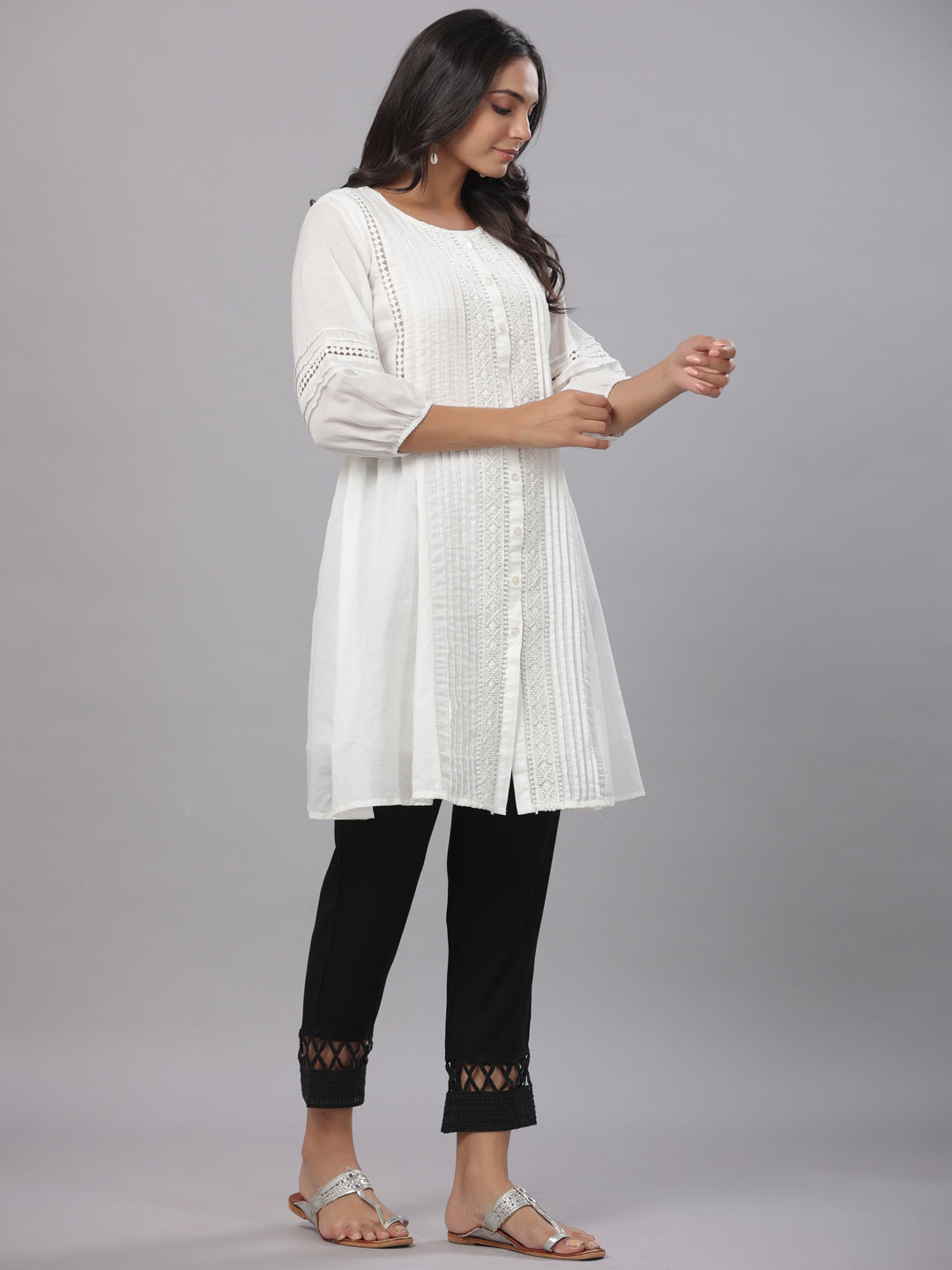 White Cotton Silk Solid A-Line Kurta