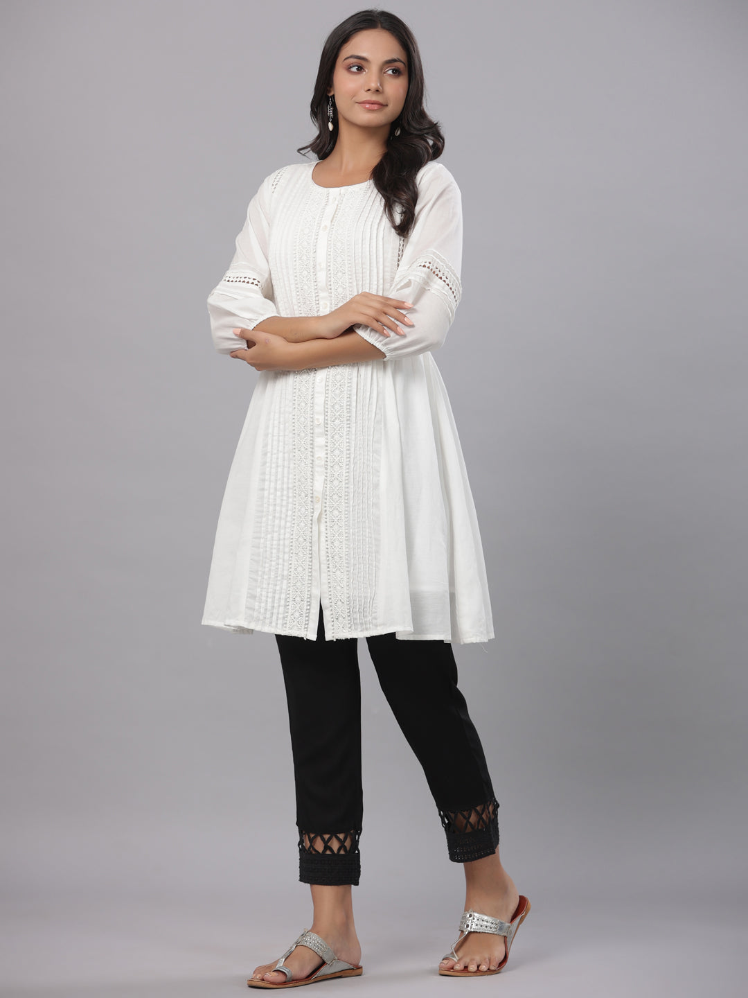 White Cotton Silk Solid A-Line Kurta