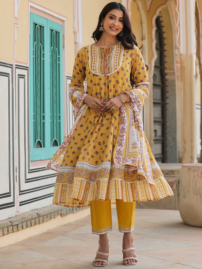 Mustard Cotton Voile Floral Printed Kurta With Cambric Straight Pant And Voile Dupatta