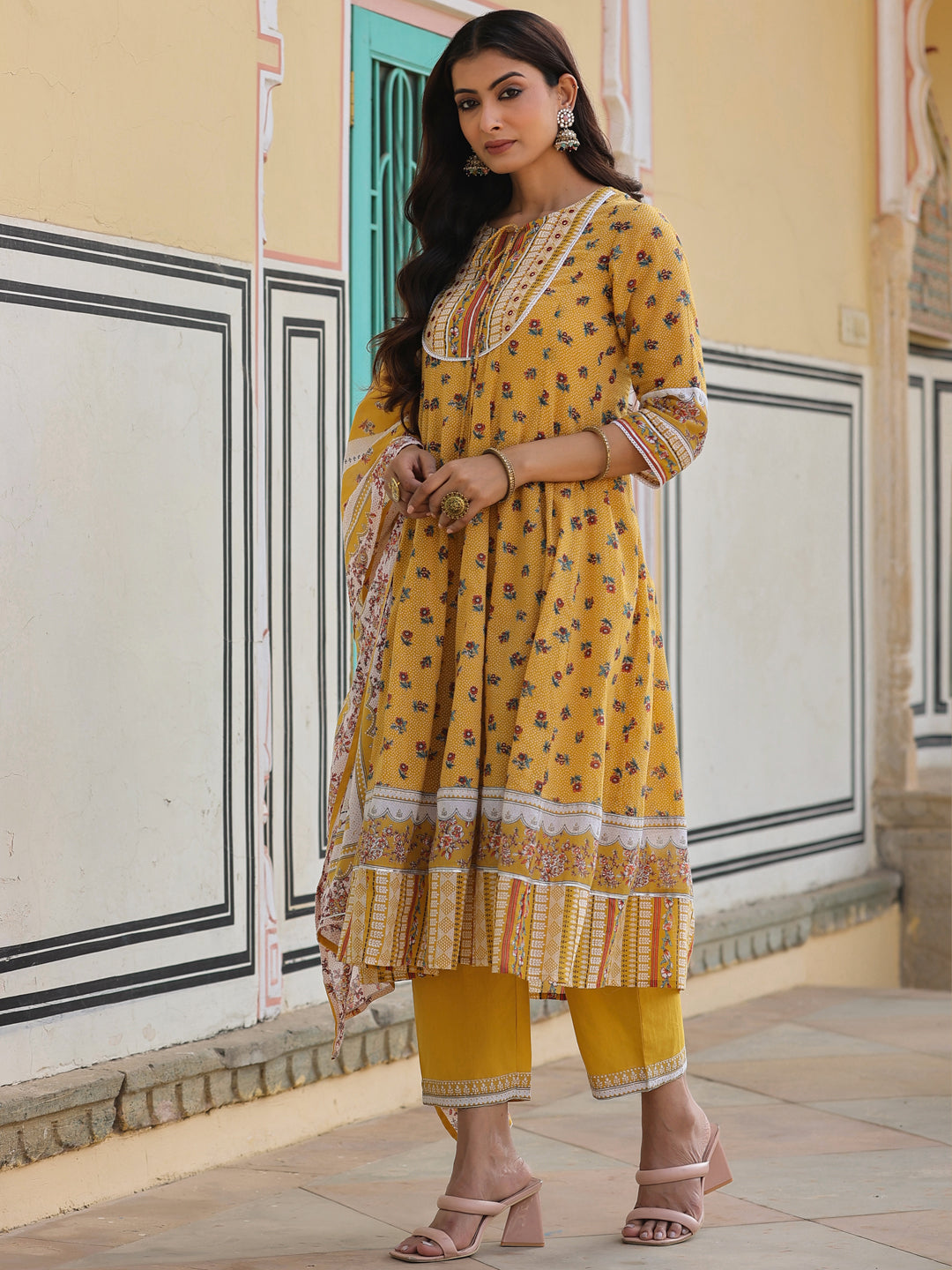 Mustard Cotton Voile Floral Printed Kurta With Cambric Straight Pant And Voile Dupatta