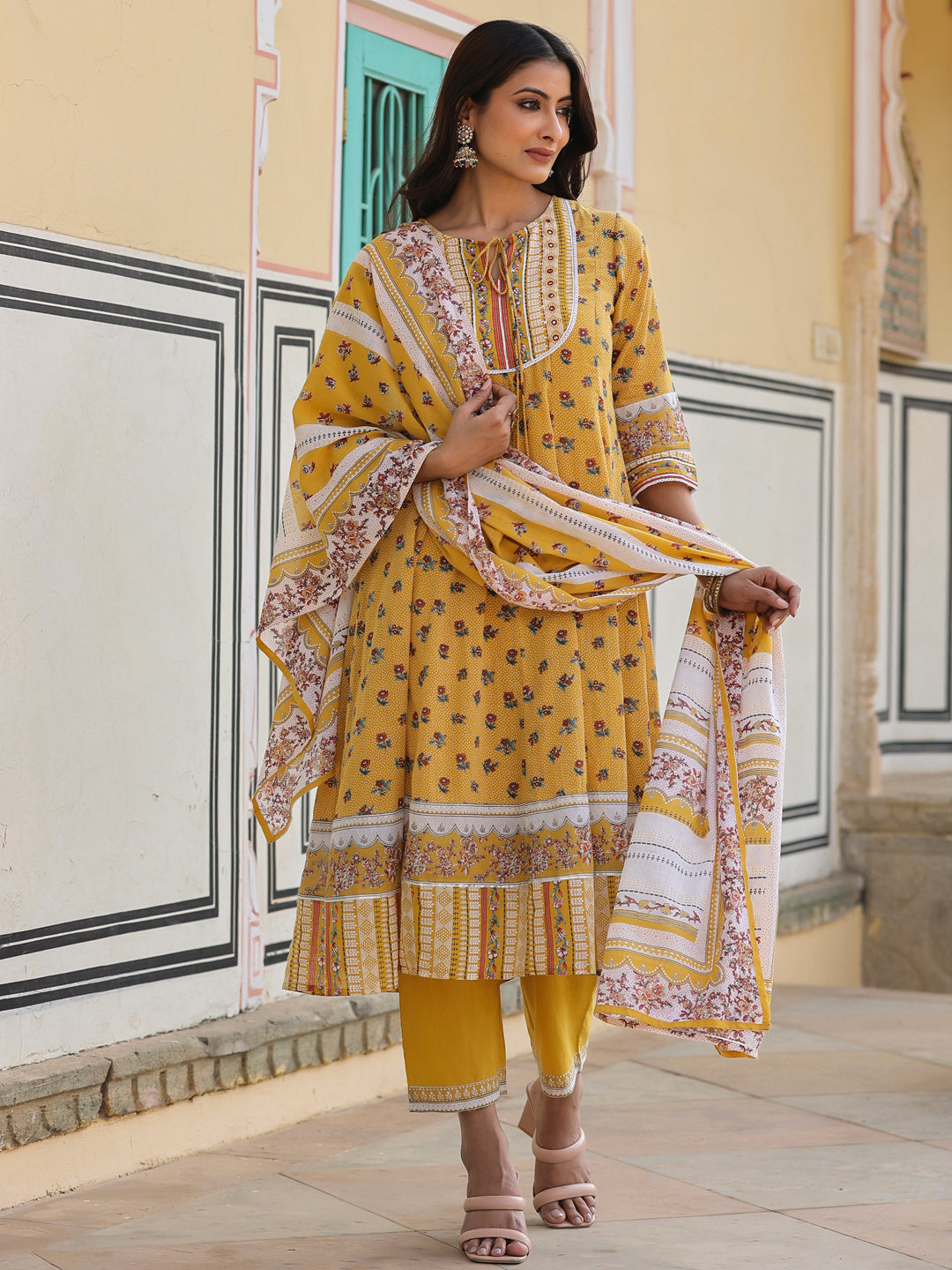 Mustard Cotton Voile Floral Printed Kurta With Cambric Straight Pant And Voile Dupatta