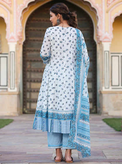 White Cotton Voile Floral Printed Kurta With Cambric Straight Pant And Voile Dupatta