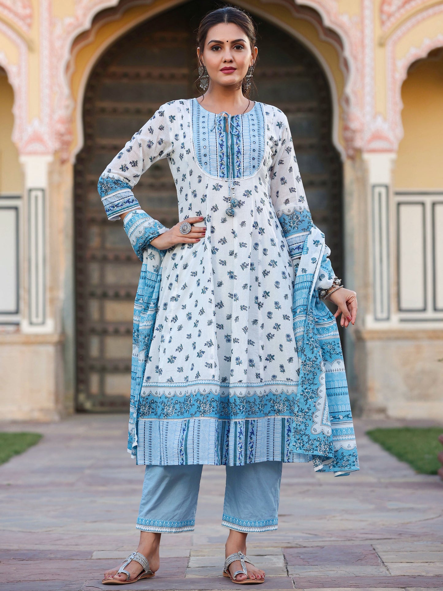 White Cotton Voile Floral Printed Kurta With Cambric Straight Pant And Voile Dupatta
