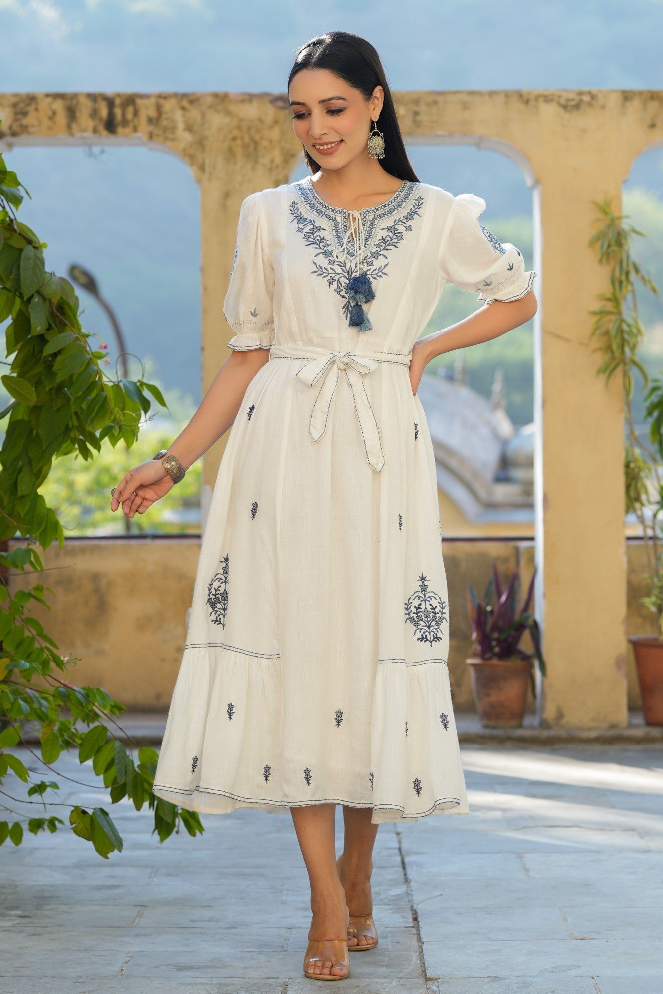 White Rayon Slub Embroidered Maxi Flared Dress