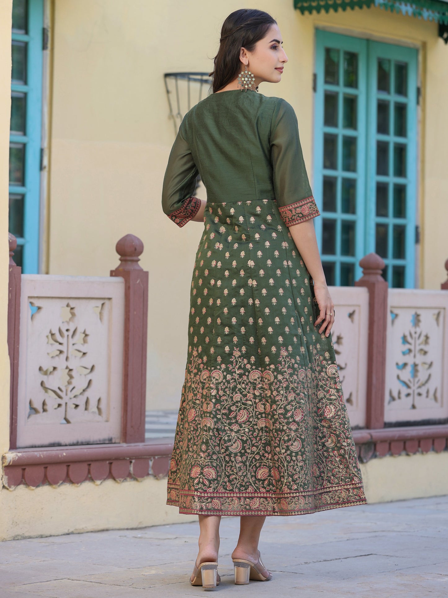 Olive Modal Chanderi Printed Anarkali Dress