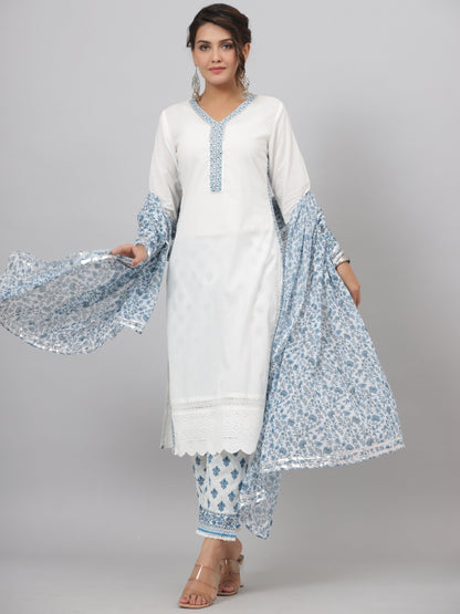 White Cotton Cambric Solid Kurta Floral Printed Pant & Dupatta Set