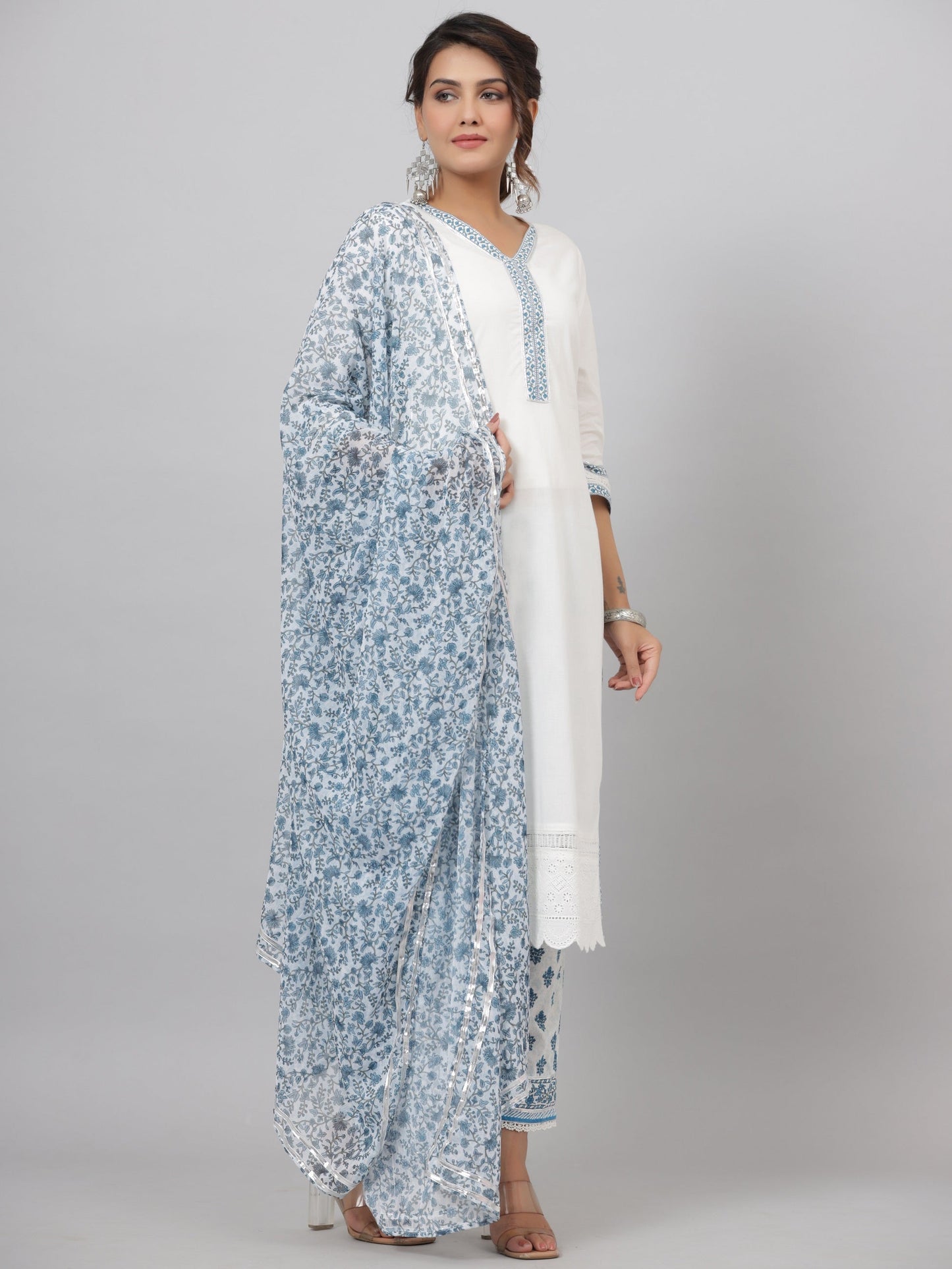 White Cotton Cambric Solid Kurta Floral Printed Pant & Dupatta Set