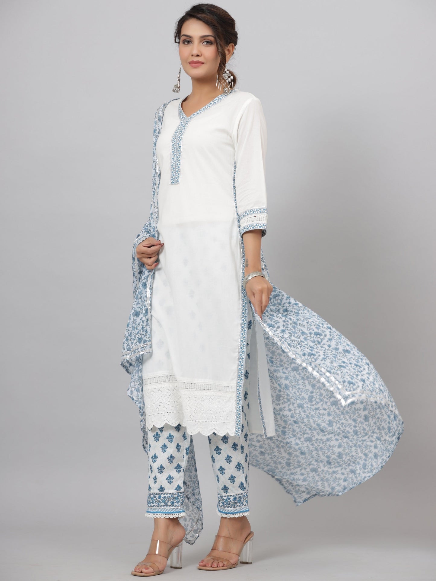 White Cotton Cambric Solid Kurta Floral Printed Pant & Dupatta Set