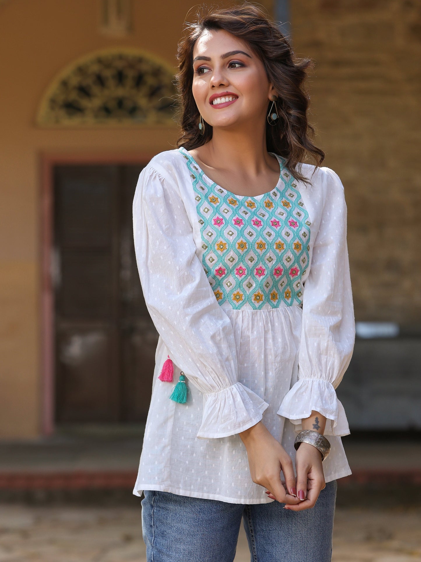 White Cotton Dobby Solid With Multi Color Embroidery Tunic