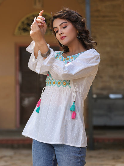 White Cotton Dobby Solid With Multi Color Embroidery Tunic