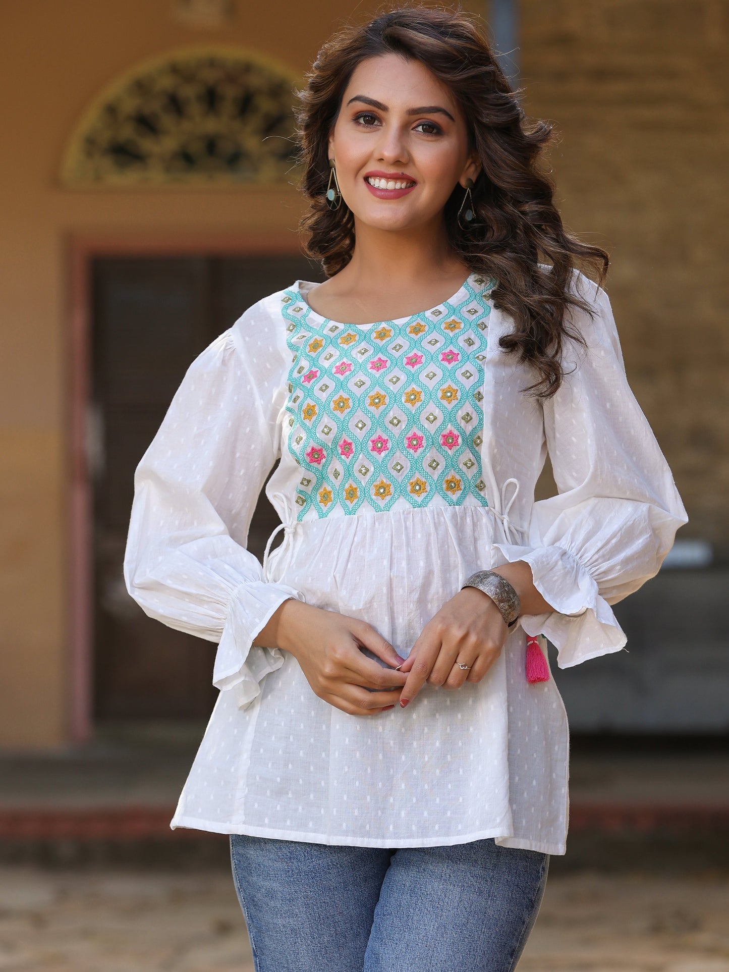 White Cotton Dobby Solid With Multi Color Embroidery Tunic