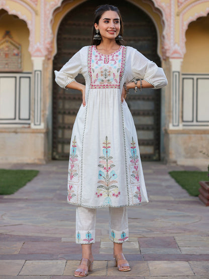 White Cotton Slub Embroidered Kurta & Pants Set