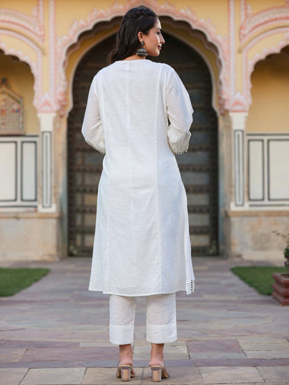 White Cotton Slub Embroidered Kurta & Pants Set